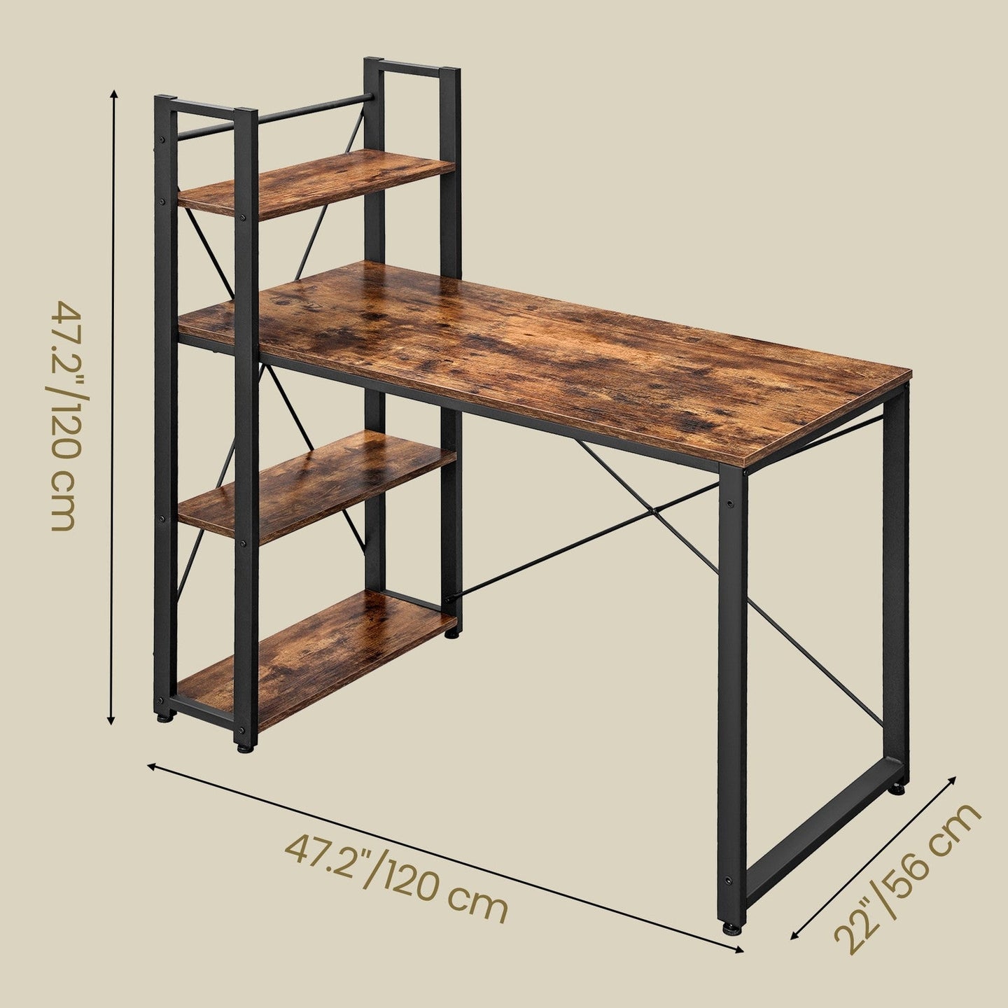 Writing Desk - Wood - Rustic Brown and Black - Stable with Storage Shelves