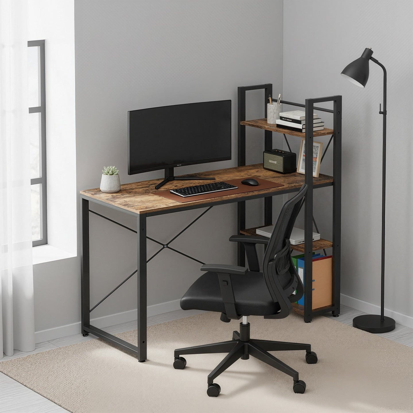 Writing Desk - Wood - Rustic Brown and Black - Stable with Storage Shelves