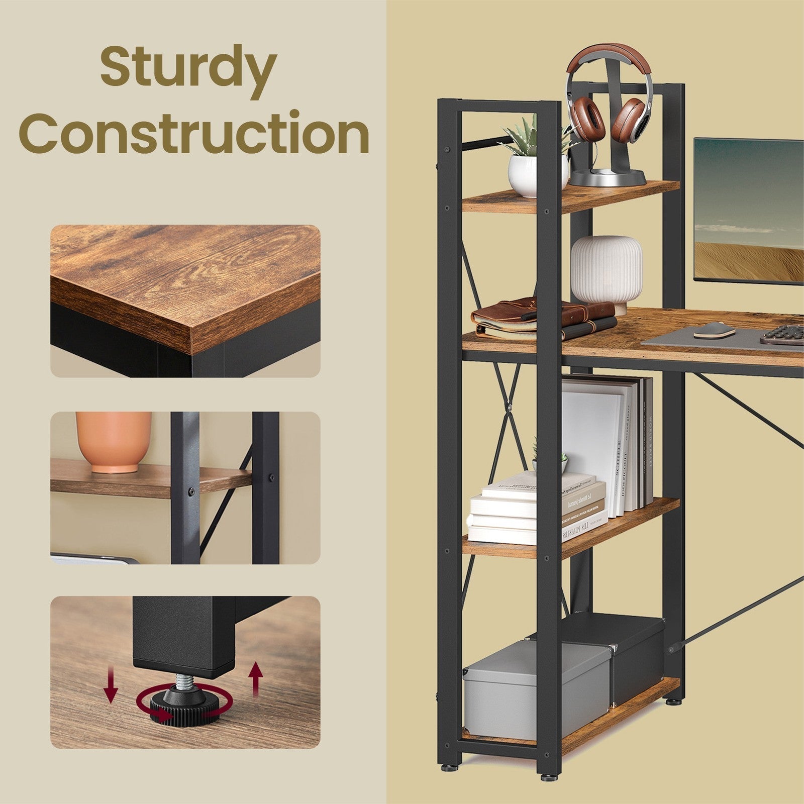 Writing Desk - Wood - Rustic Brown and Black - Stable with Storage Shelves