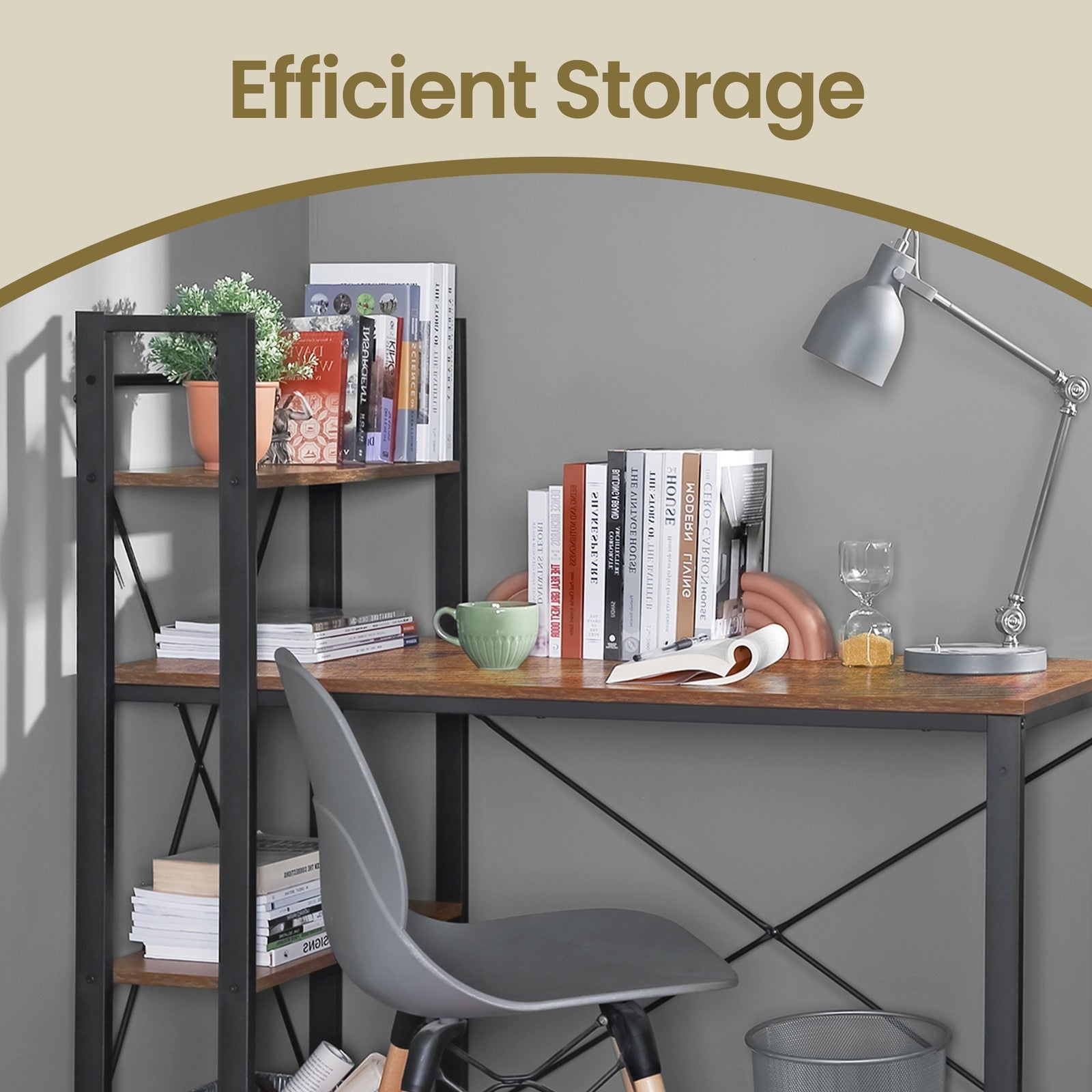 Writing Desk - Wood - Rustic Brown and Black - Stable with Storage Shelves