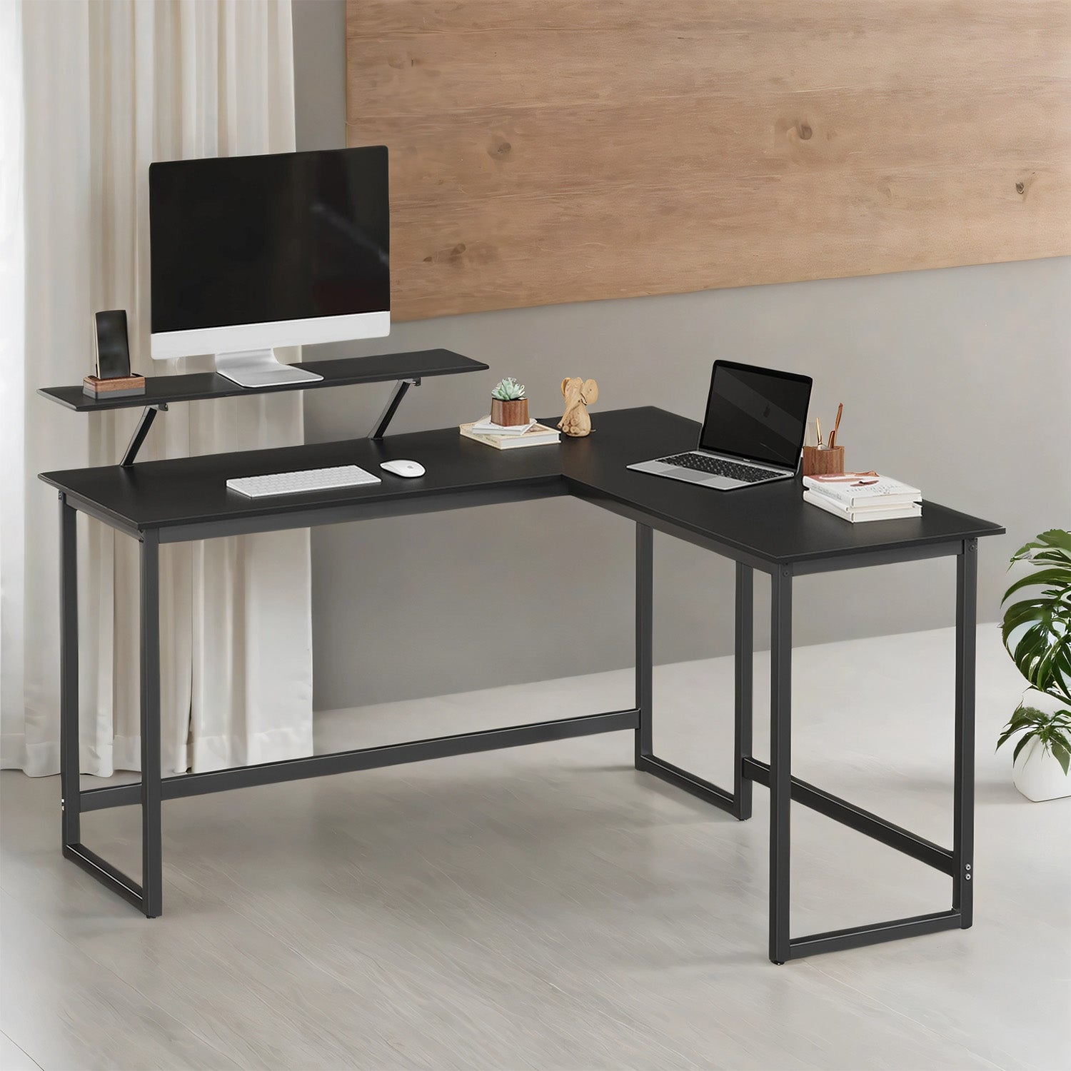 Computer Desk, L-Shaped Writing Workstation - Wood and Steel - Black