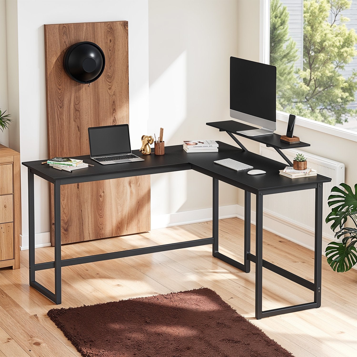 Computer Desk, L-Shaped Writing Workstation - Wood and Steel - Black