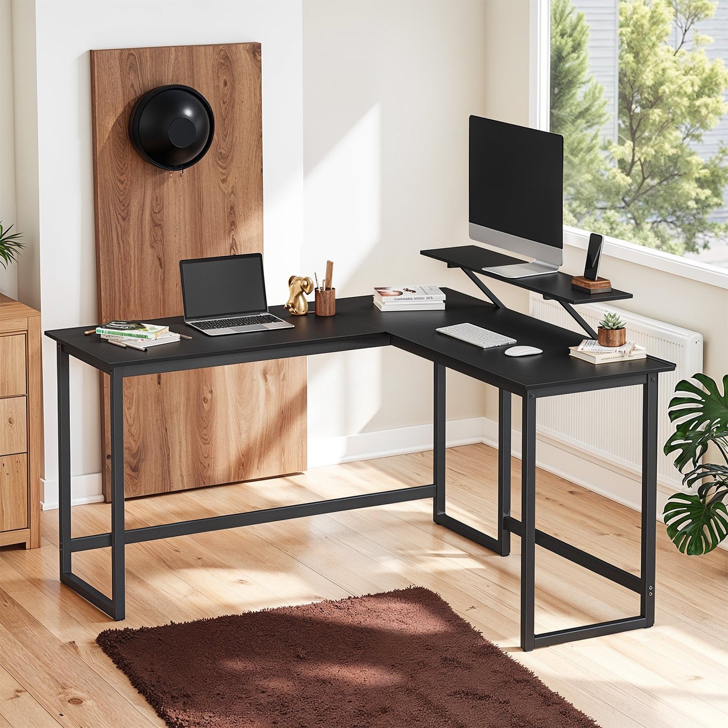 Computer Desk, L-Shaped Writing Workstation - Wood and Steel - Black