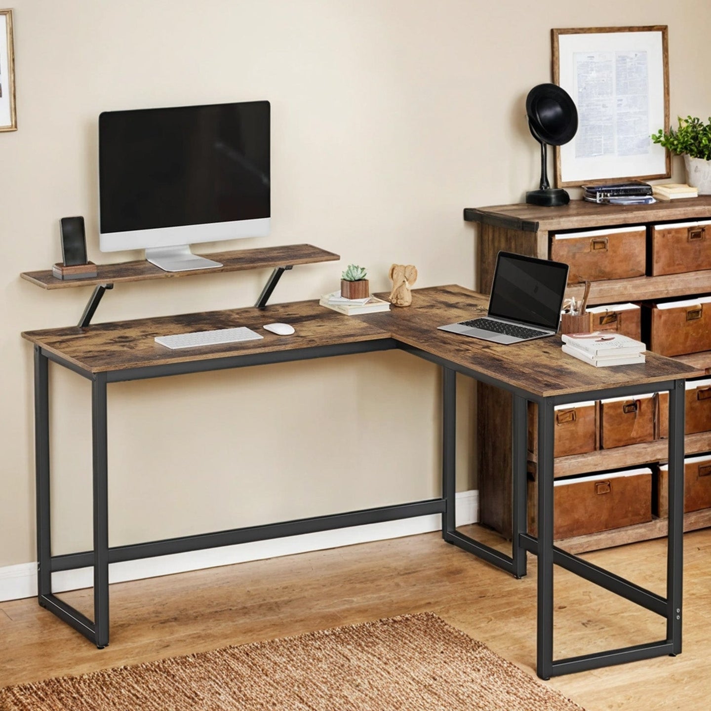 L-Shaped Corner Desk - Wood - Rustic Brown and Black - Space Saving Design with Monitor Stand