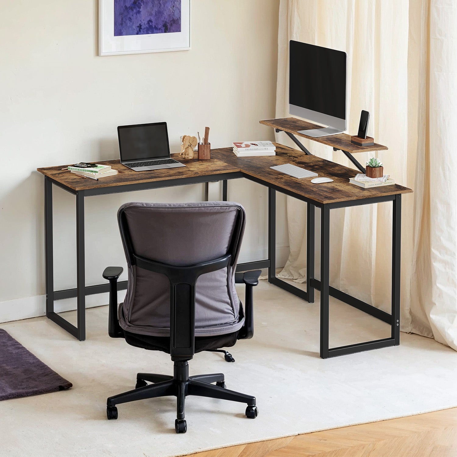L-Shaped Corner Desk - Wood - Rustic Brown and Black - Space Saving Design with Monitor Stand