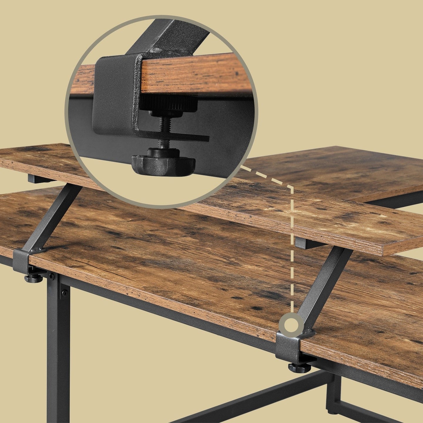 L-Shaped Corner Desk - Wood - Rustic Brown and Black - Space Saving Design with Monitor Stand