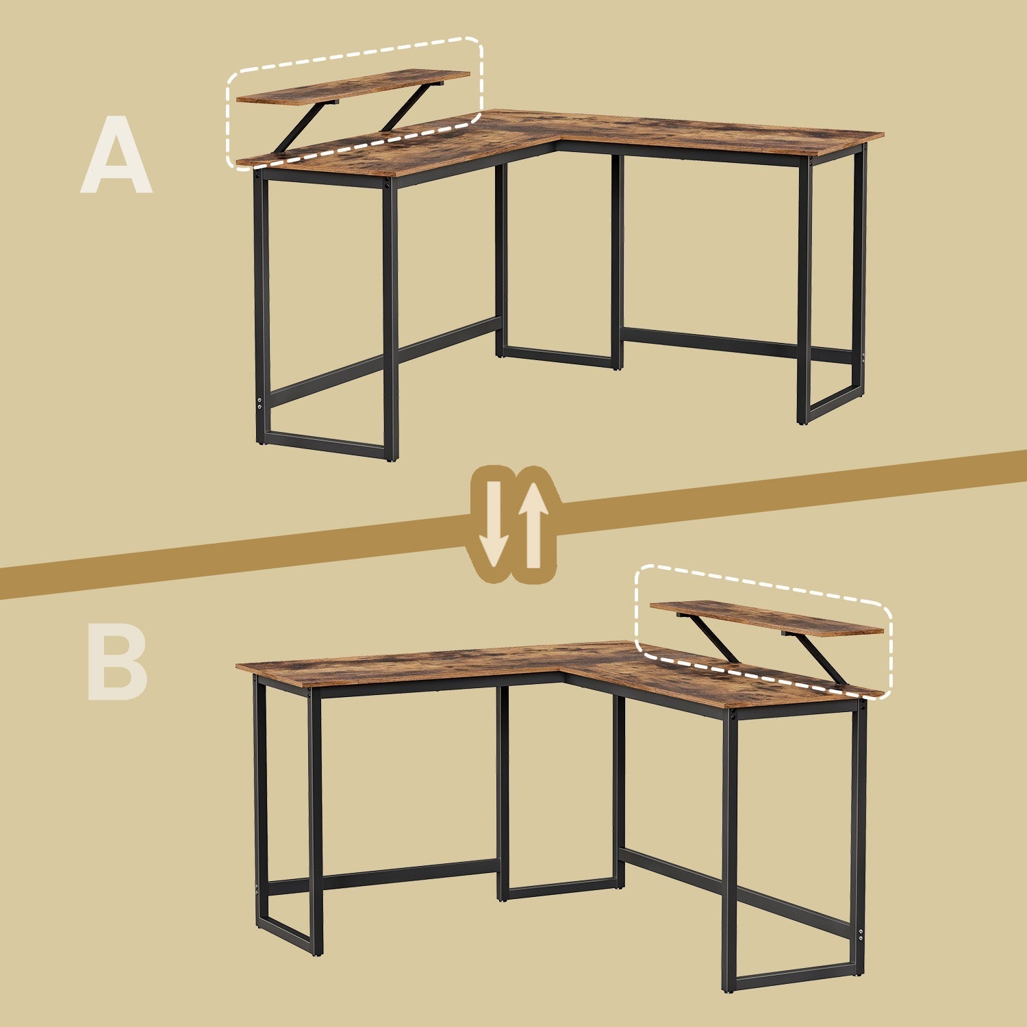 L-Shaped Corner Desk - Wood - Rustic Brown and Black - Space Saving Design with Monitor Stand