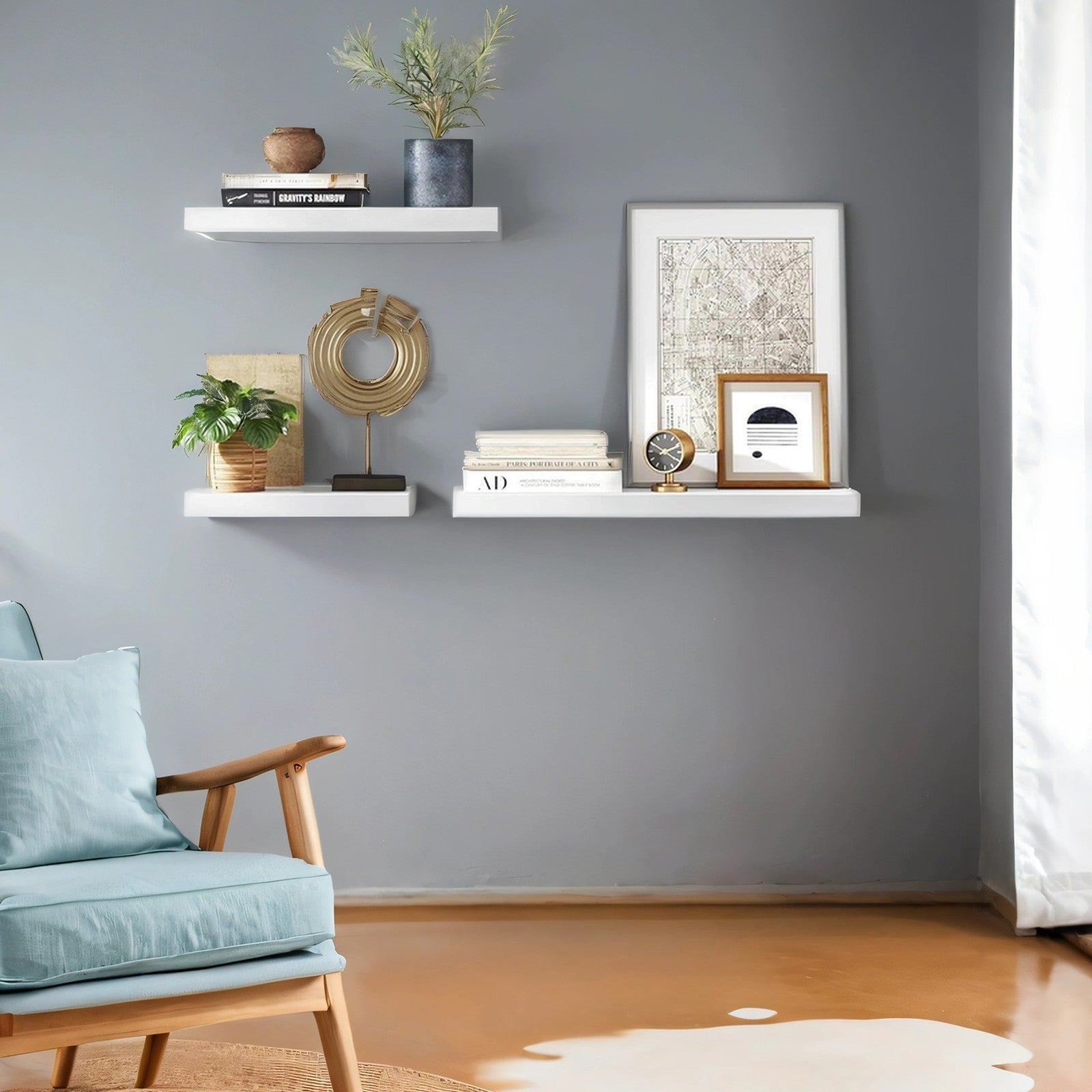 Floating Wall Shelf - Engineered Wood - Maple White - Versatile Display Solution for Living Room