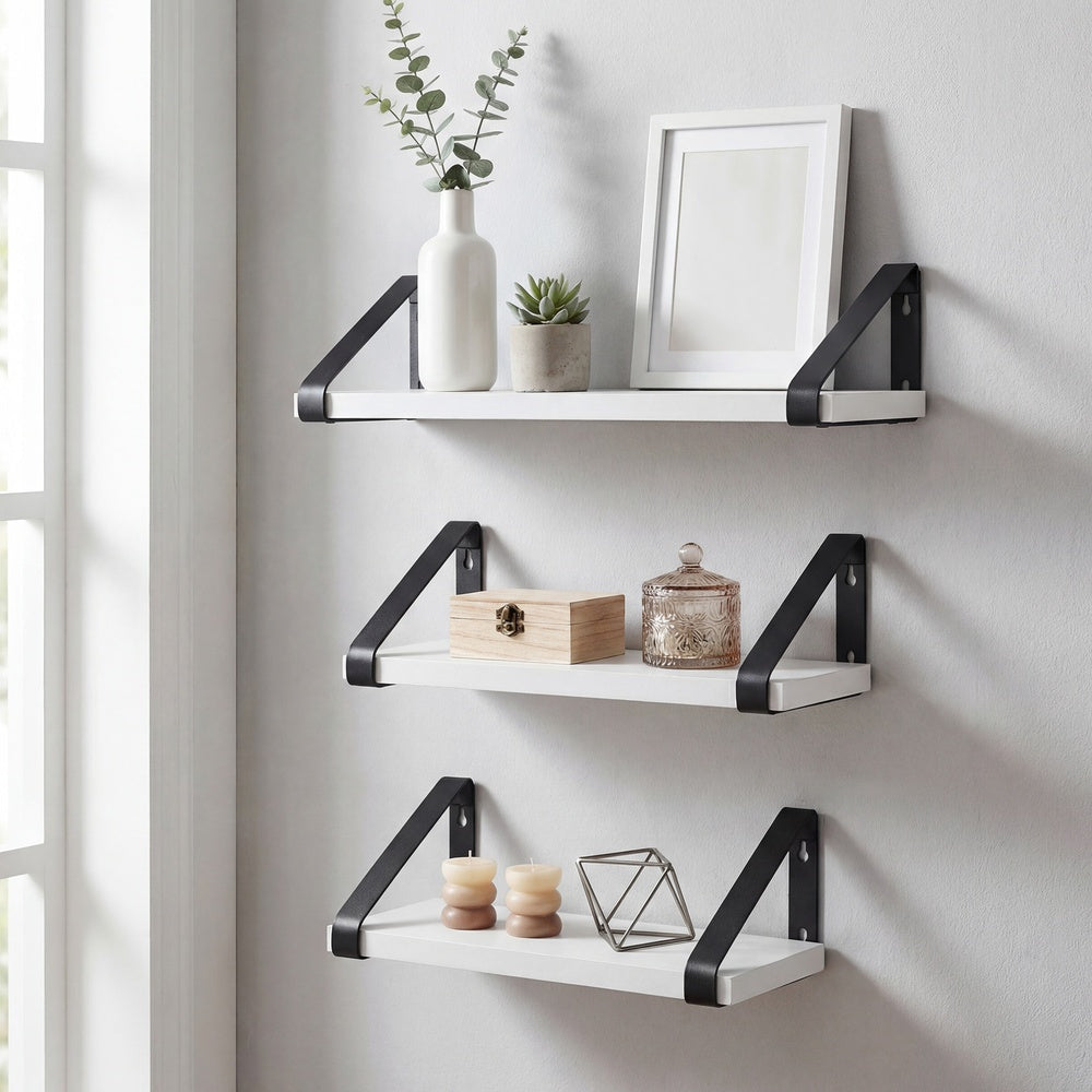 Set of 3 Floating Display Shelves - Wood Wood and steel - Black