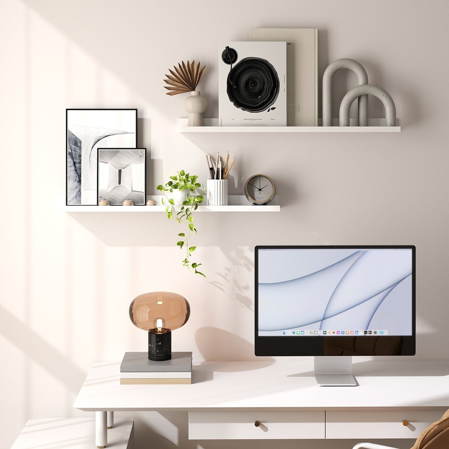 Floating Wall Shelves - MDF - Matte White - Set of 2 with Front Edges for Picture Frames