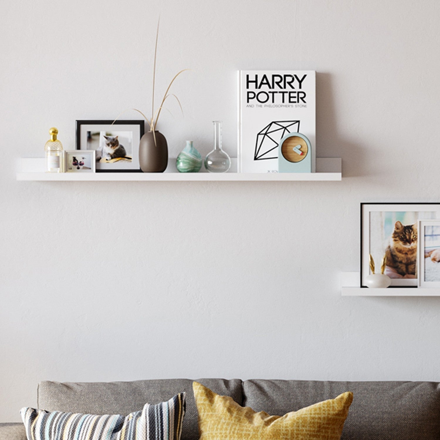 Floating Wall Shelves - MDF - Matte White - Set of 2 with Front Edges for Picture Frames
