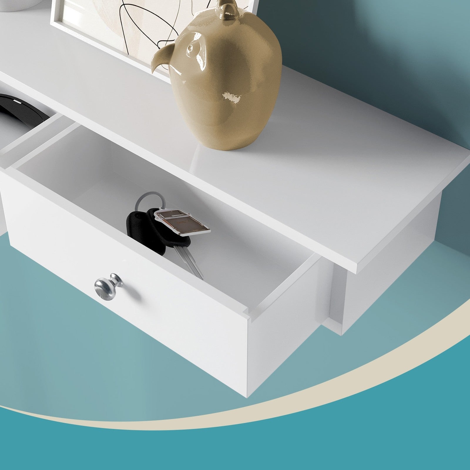 Floating Shelf - MDF - White - 3 Drawers with High Gloss Finish