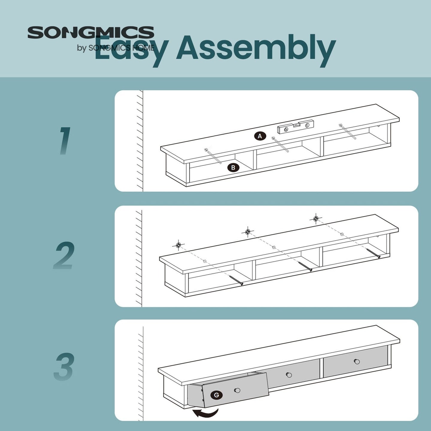 Floating Shelf - MDF - White - 3 Drawers with High Gloss Finish