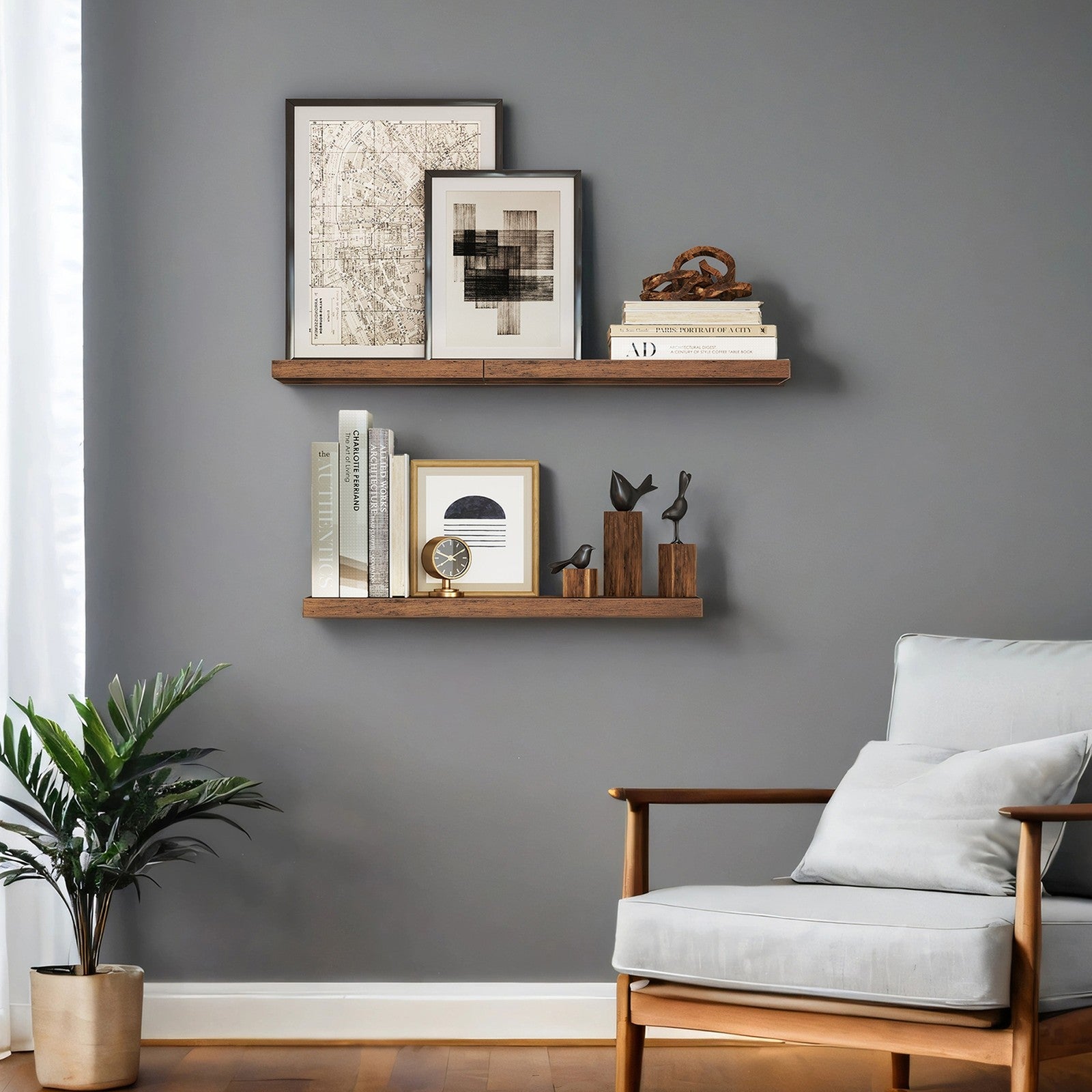 Floating Shelf - MDF - Rustic Brown - Wall Mounted Storage for Photos and Decorations