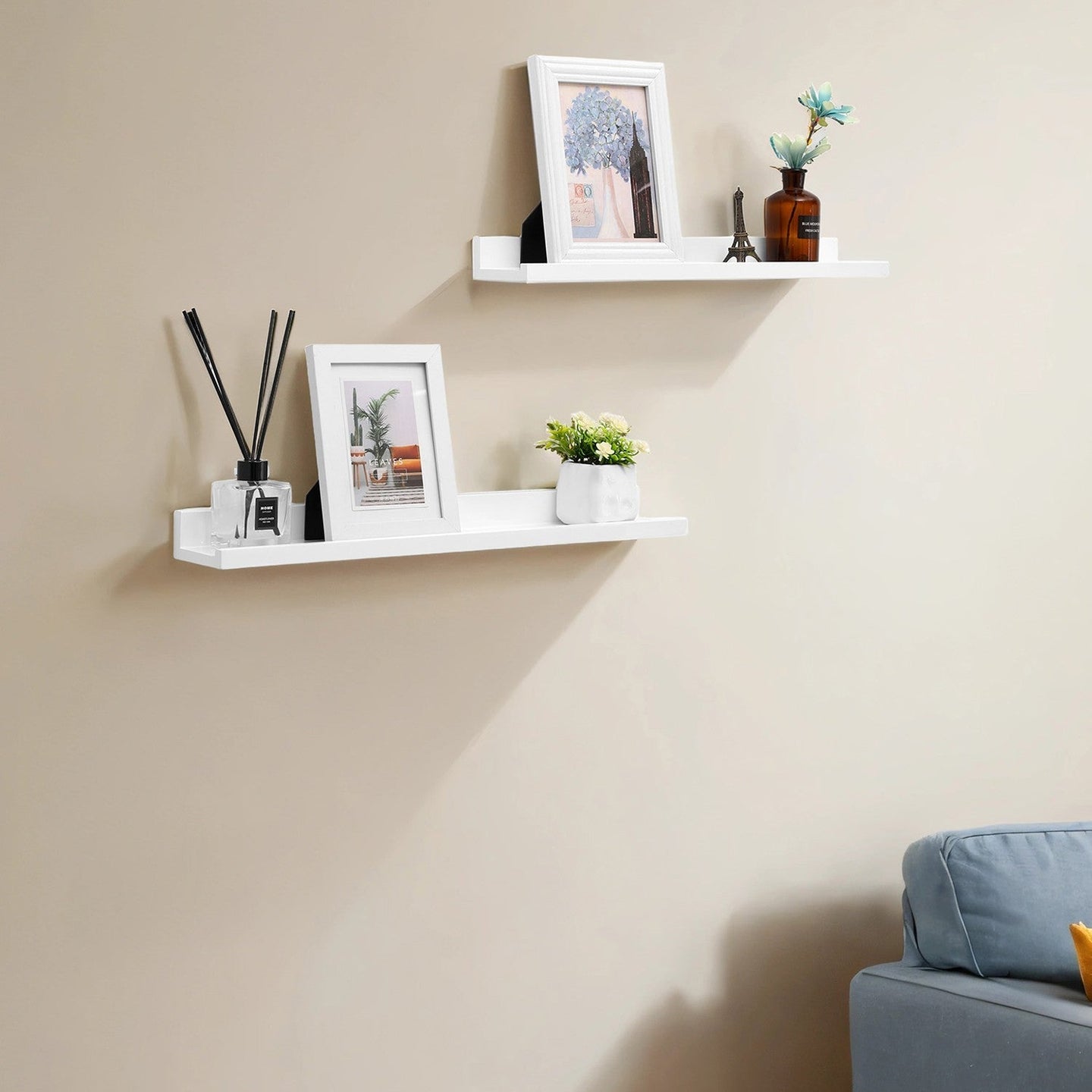 Set of 2 Floating Wall Shelves - MDF - White - High-Gloss Finish