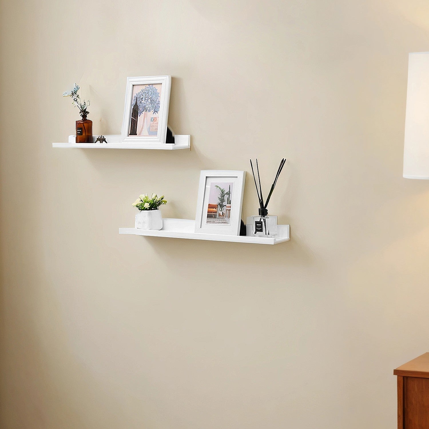 Set of 2 Floating Wall Shelves - MDF - White - High-Gloss Finish
