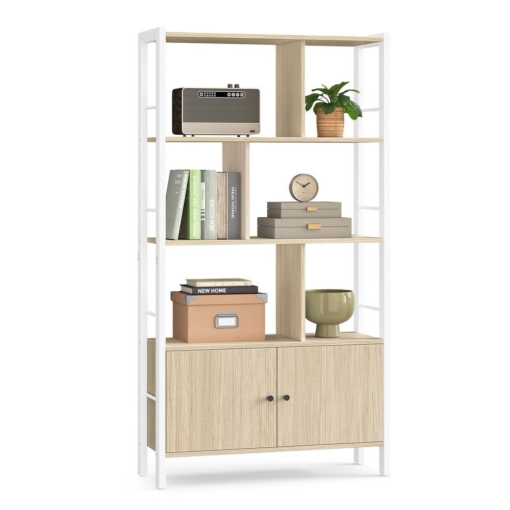 Bookshelf 4 Shelves Stable Steel Structure - Wood and Steel - Natural Beige and Cloud White