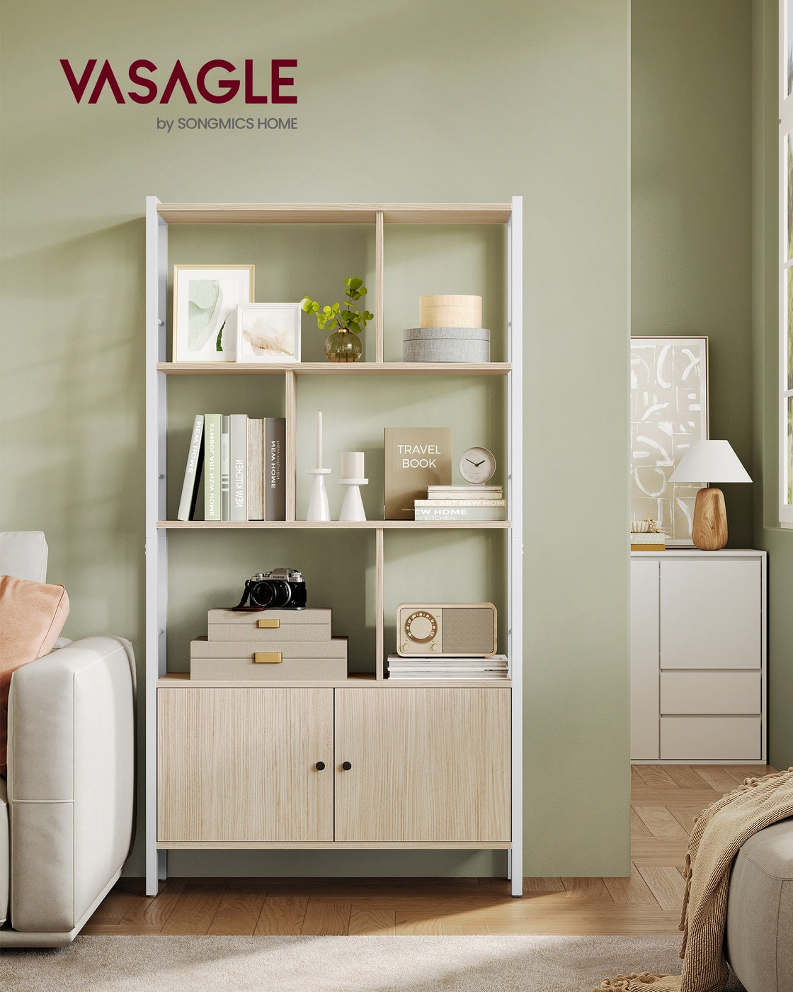 Bookshelf 4 Shelves Stable Steel Structure - Wood and Steel - Natural Beige and Cloud White