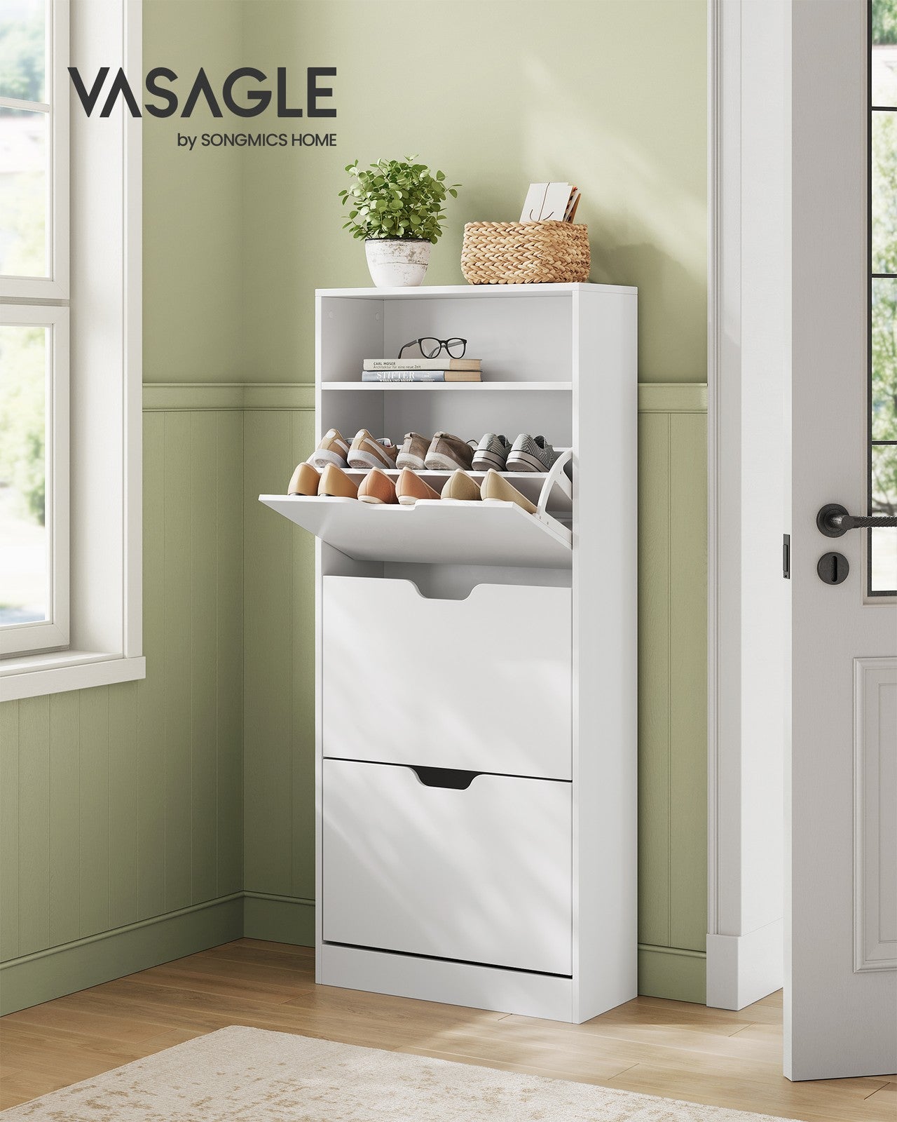 Shoe Cabinet 3 Flip Doors - Particleboard - Cloud White