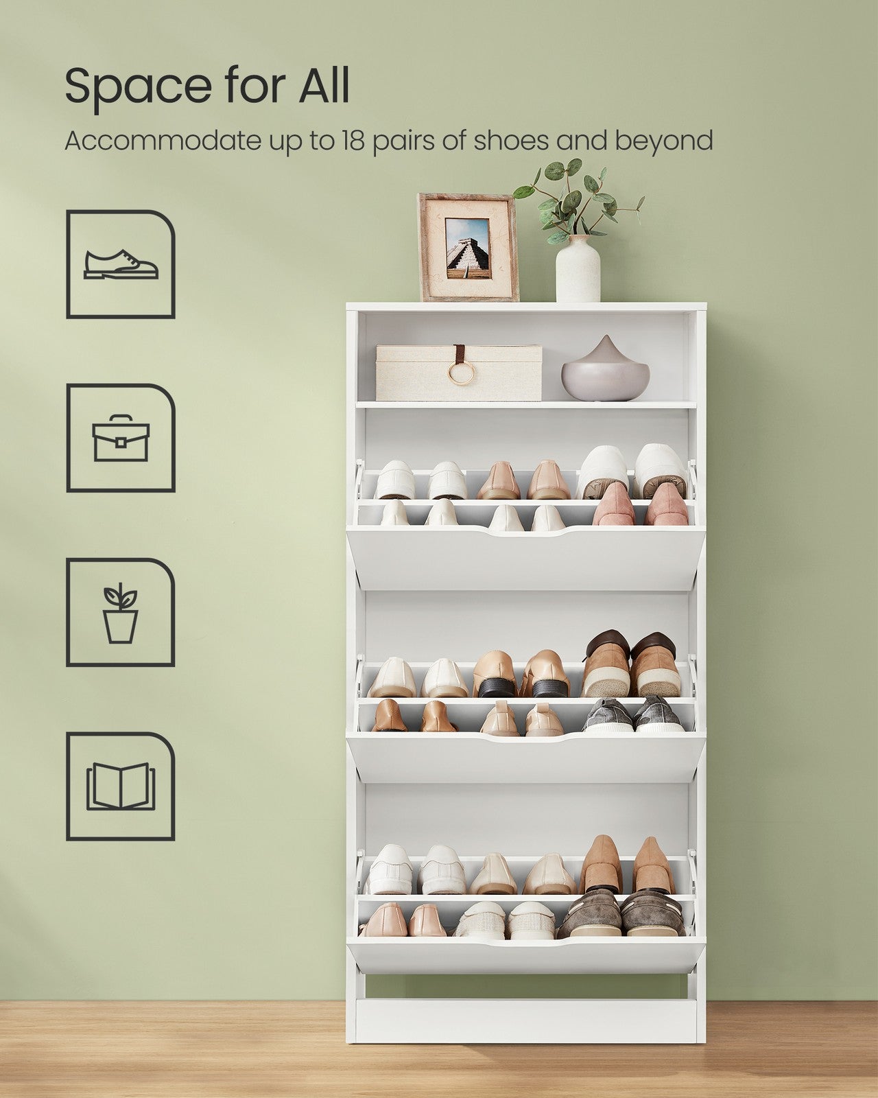 Shoe Cabinet 3 Flip Doors - Particleboard - Cloud White