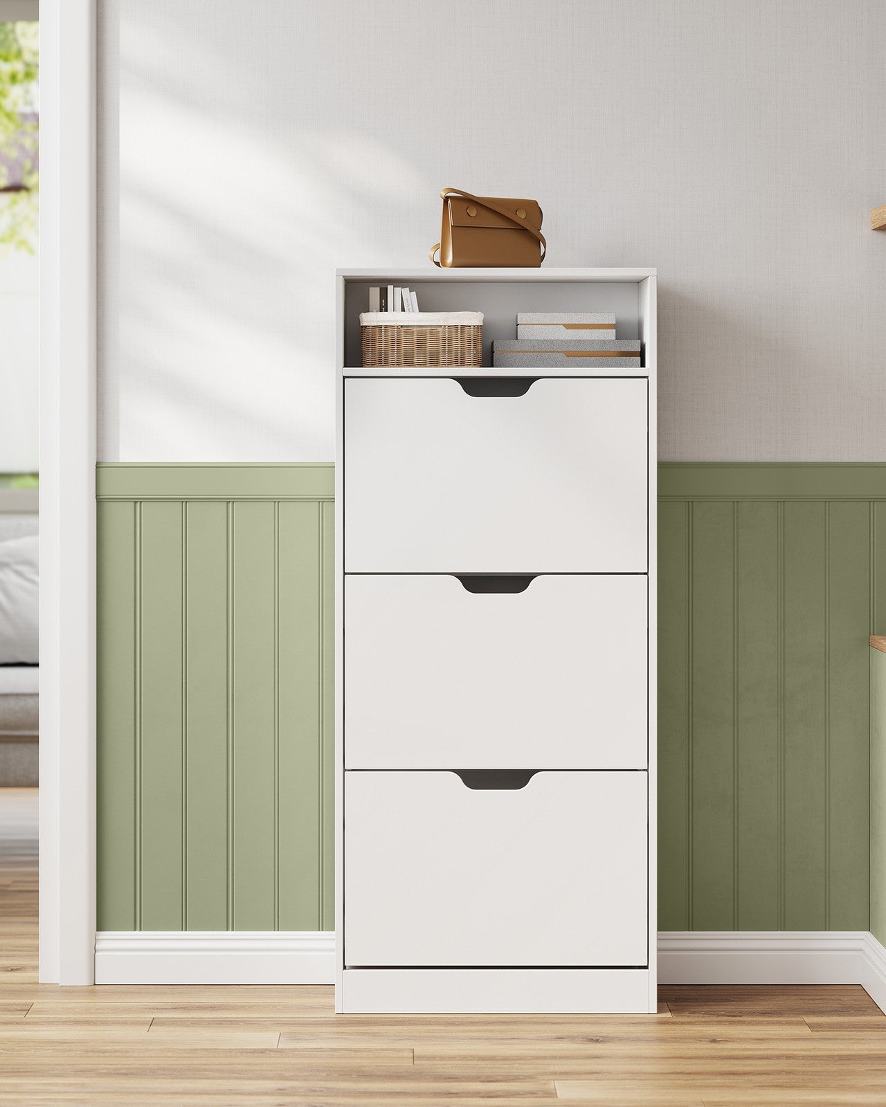Shoe Cabinet 3 Flip Doors - Particleboard - Cloud White