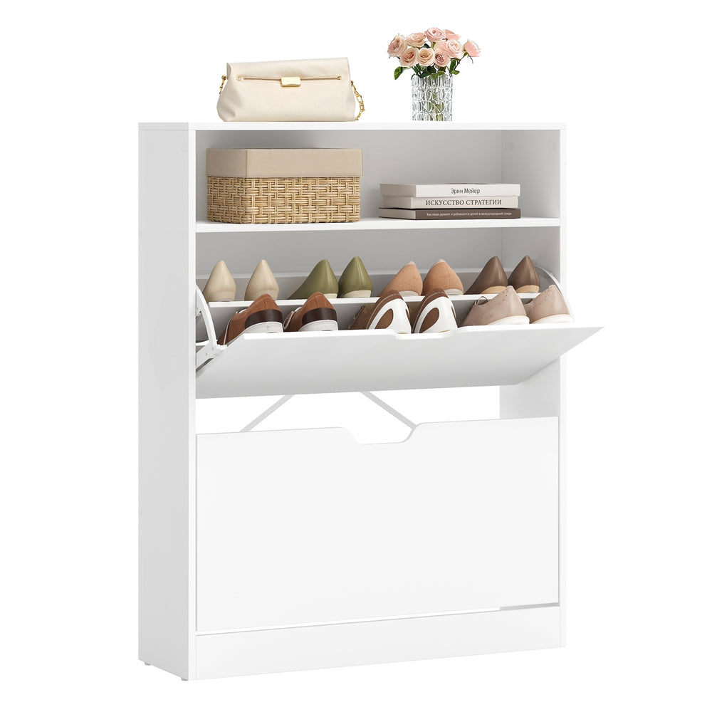 3-Tier Shoe Cabinet - Particleboard - Cloud White - with 2 Flip Doors