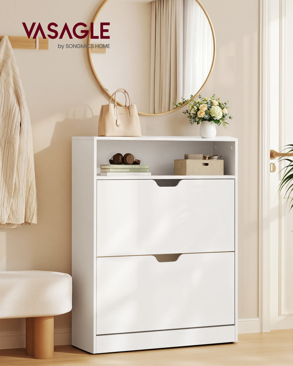 3-Tier Shoe Cabinet - Particleboard - Cloud White - with 2 Flip Doors