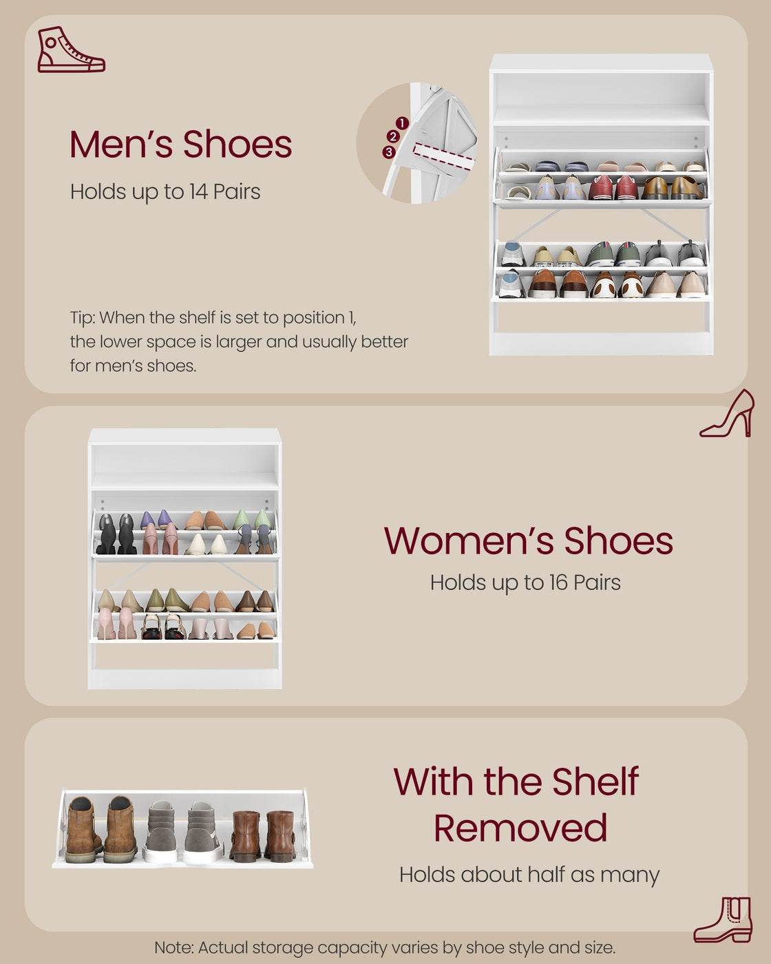 3-Tier Shoe Cabinet - Particleboard - Cloud White - with 2 Flip Doors