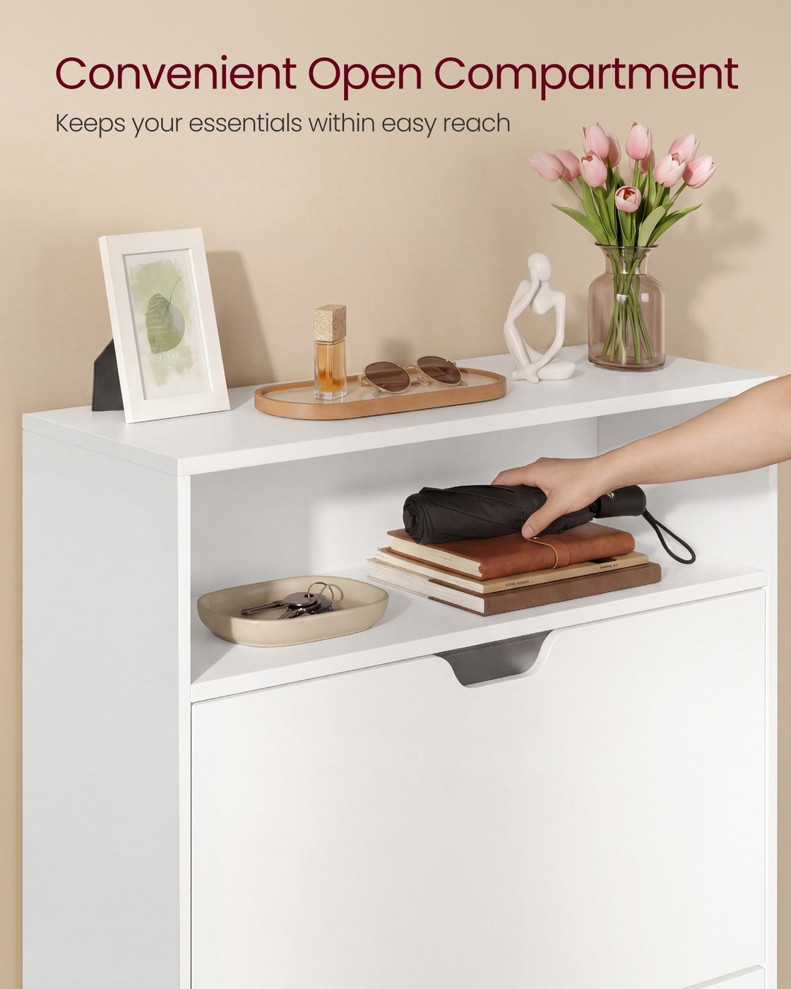 3-Tier Shoe Cabinet - Particleboard - Cloud White - with 2 Flip Doors