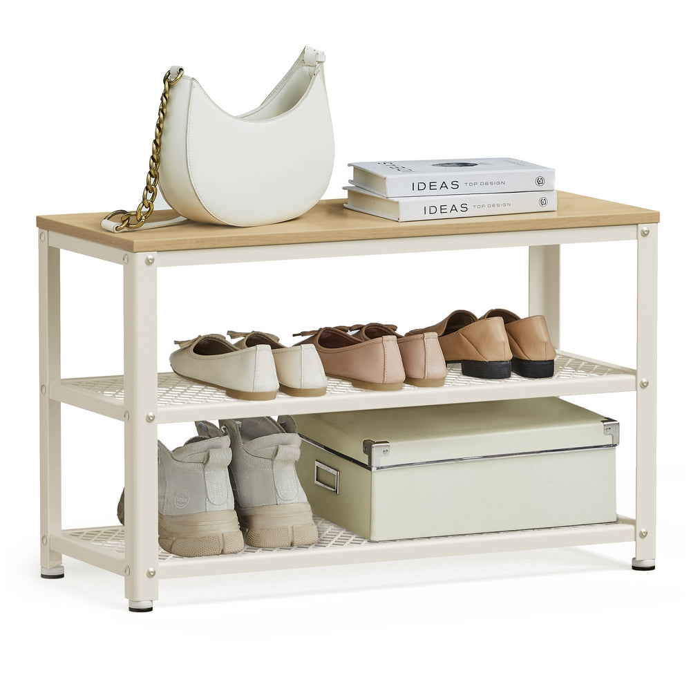 Shoe Bench - Wood and Steel - Oak Beige and White - with 2 Shelves