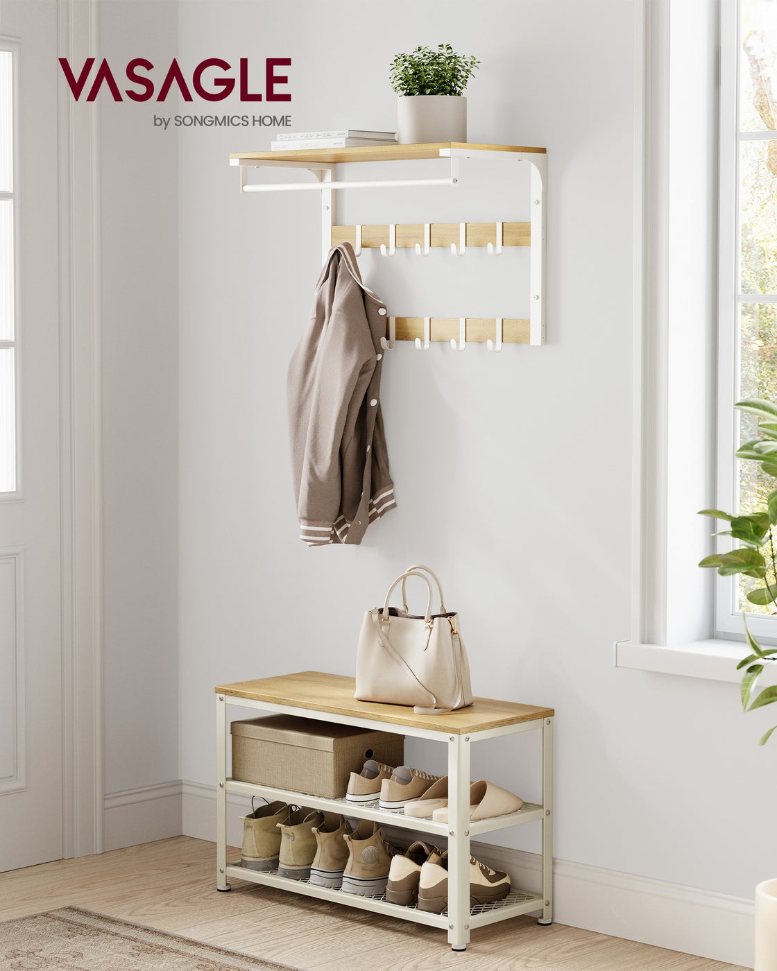 Shoe Bench - Wood and Steel - Oak Beige and White - with 2 Shelves