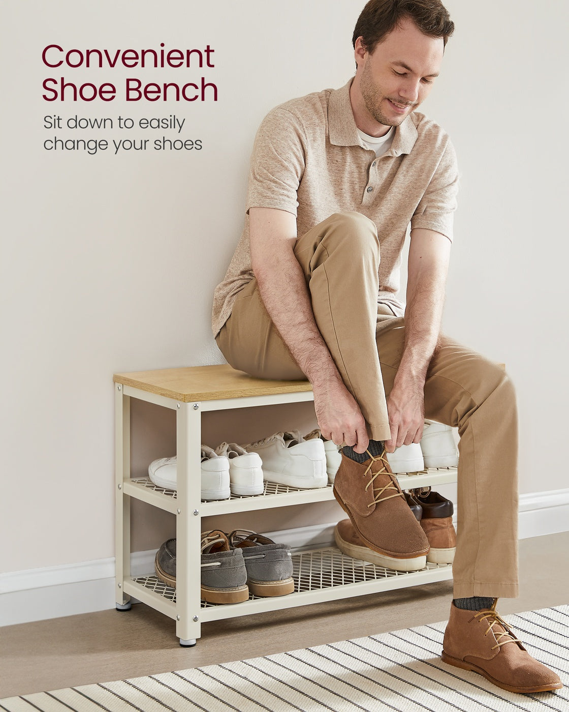 Shoe Bench - Wood and Steel - Oak Beige and White - with 2 Shelves