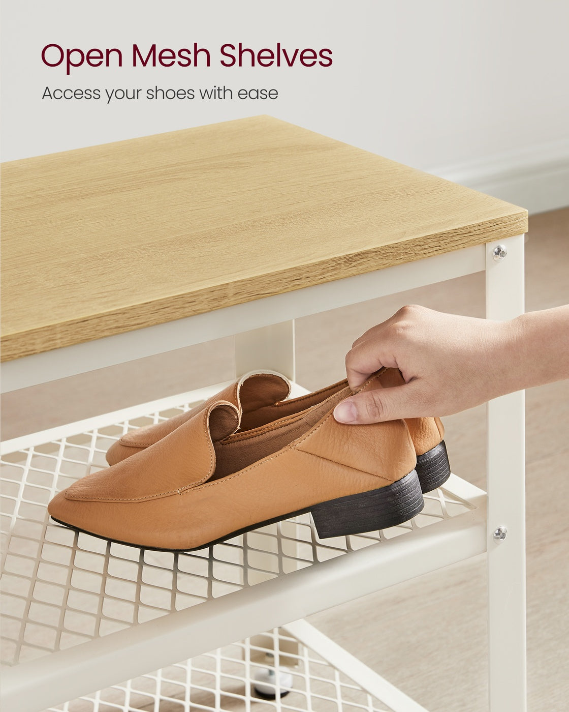Shoe Bench - Wood and Steel - Oak Beige and White - with 2 Shelves