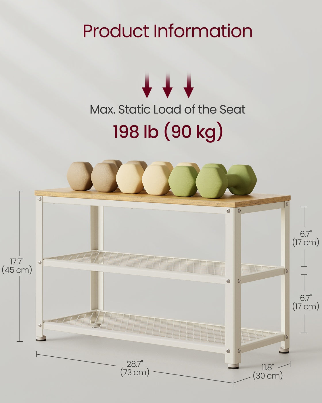 Shoe Bench - Wood and Steel - Oak Beige and White - with 2 Shelves