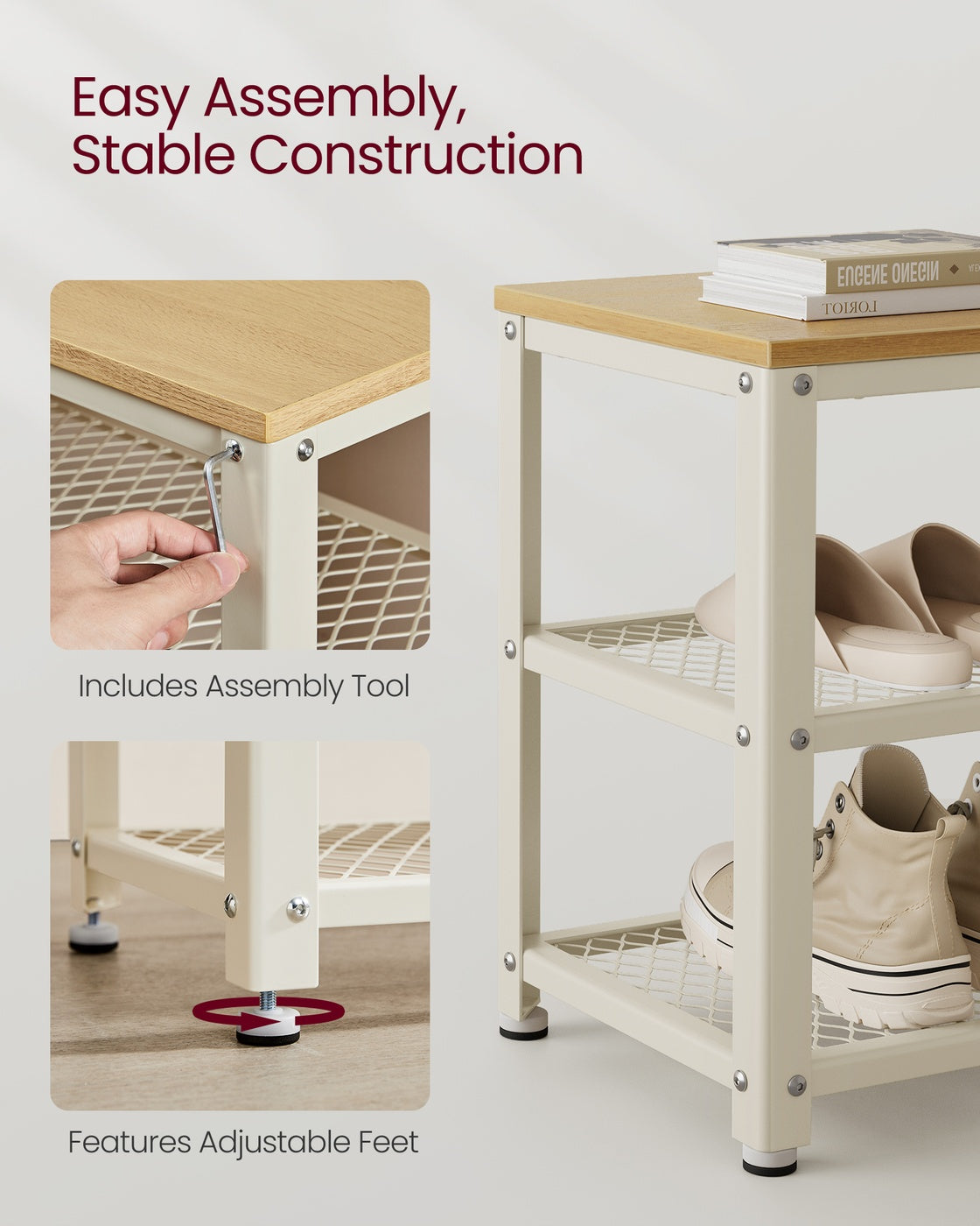 Shoe Bench - Wood and Steel - Oak Beige and White - with 2 Shelves