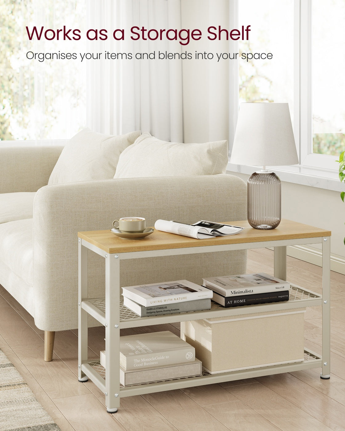 Shoe Bench - Wood and Steel - Oak Beige and White - with 2 Shelves