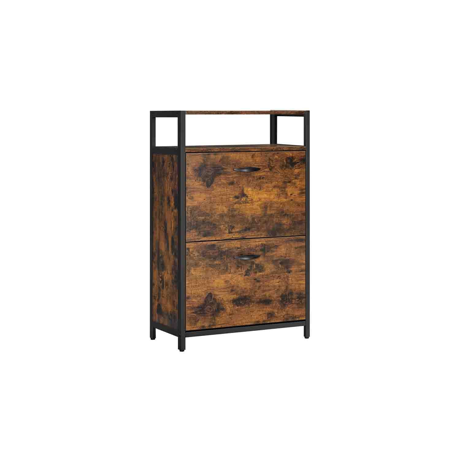 Shoe Cabinet - Engineered Wood - Rustic Brown and Black - 3 Flip Doors