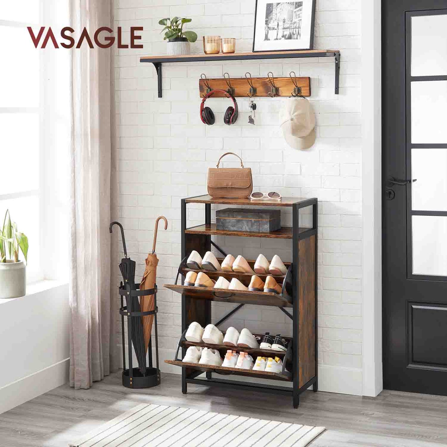 Shoe Cabinet - Engineered Wood - Rustic Brown and Black - 3 Flip Doors