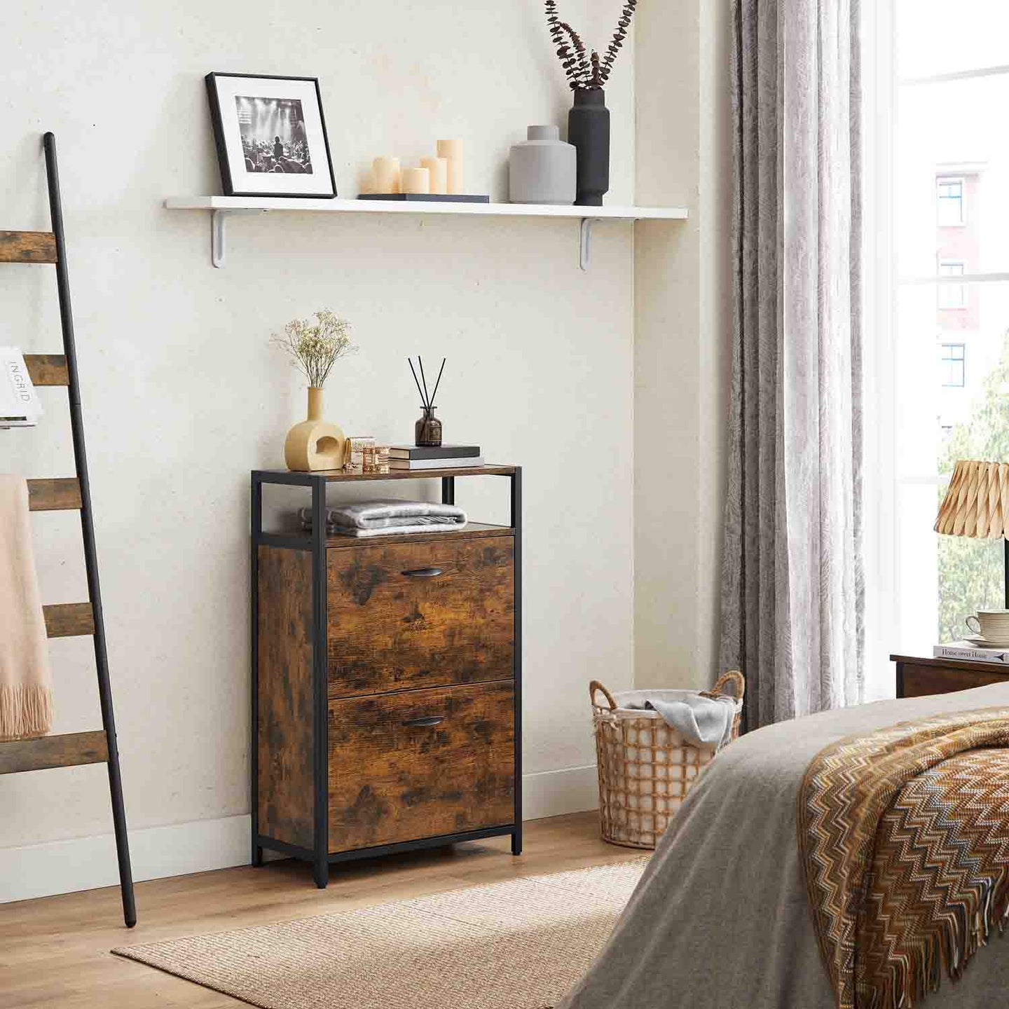 Shoe Cabinet - Engineered Wood - Rustic Brown and Black - 3 Flip Doors