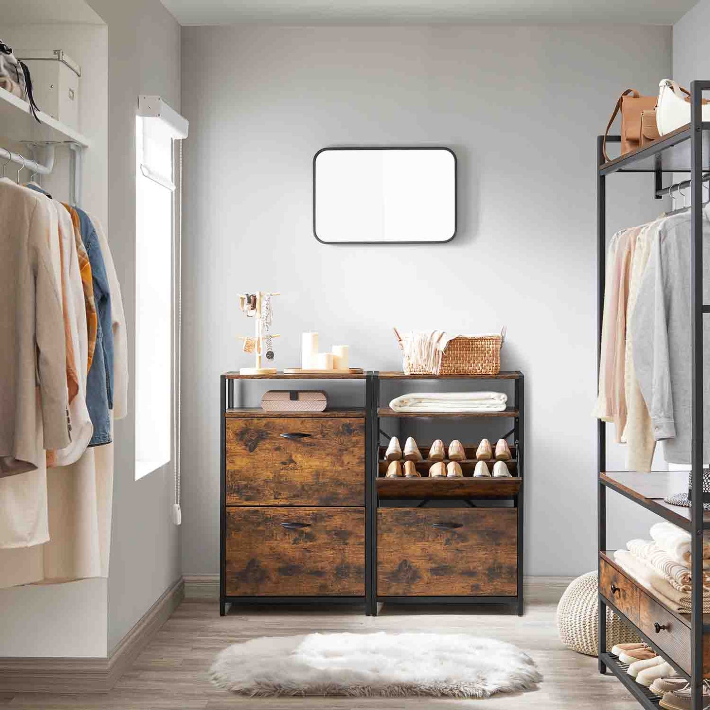 Shoe Cabinet - Engineered Wood - Rustic Brown and Black - 3 Flip Doors