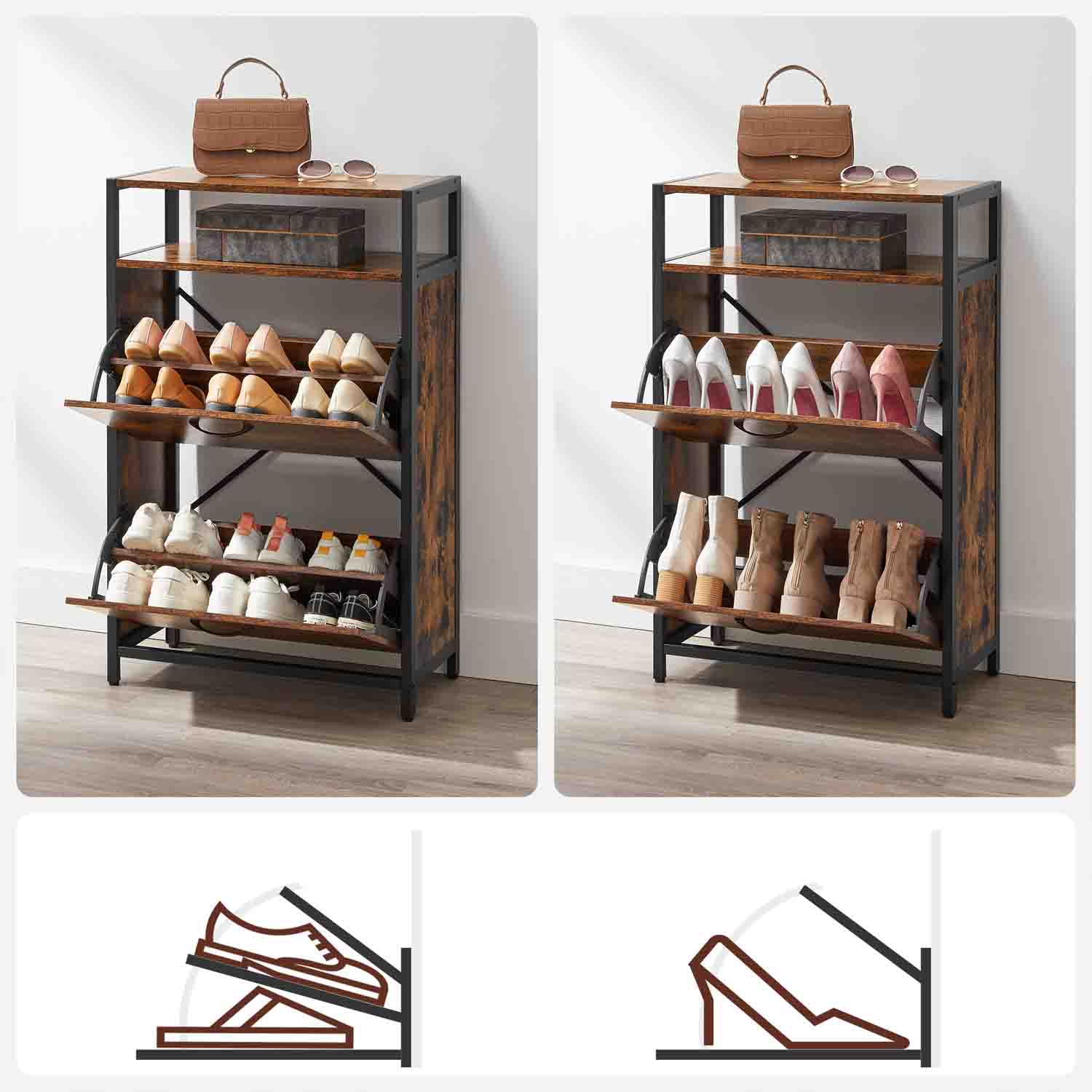 Shoe Cabinet - Engineered Wood - Rustic Brown and Black - 3 Flip Doors