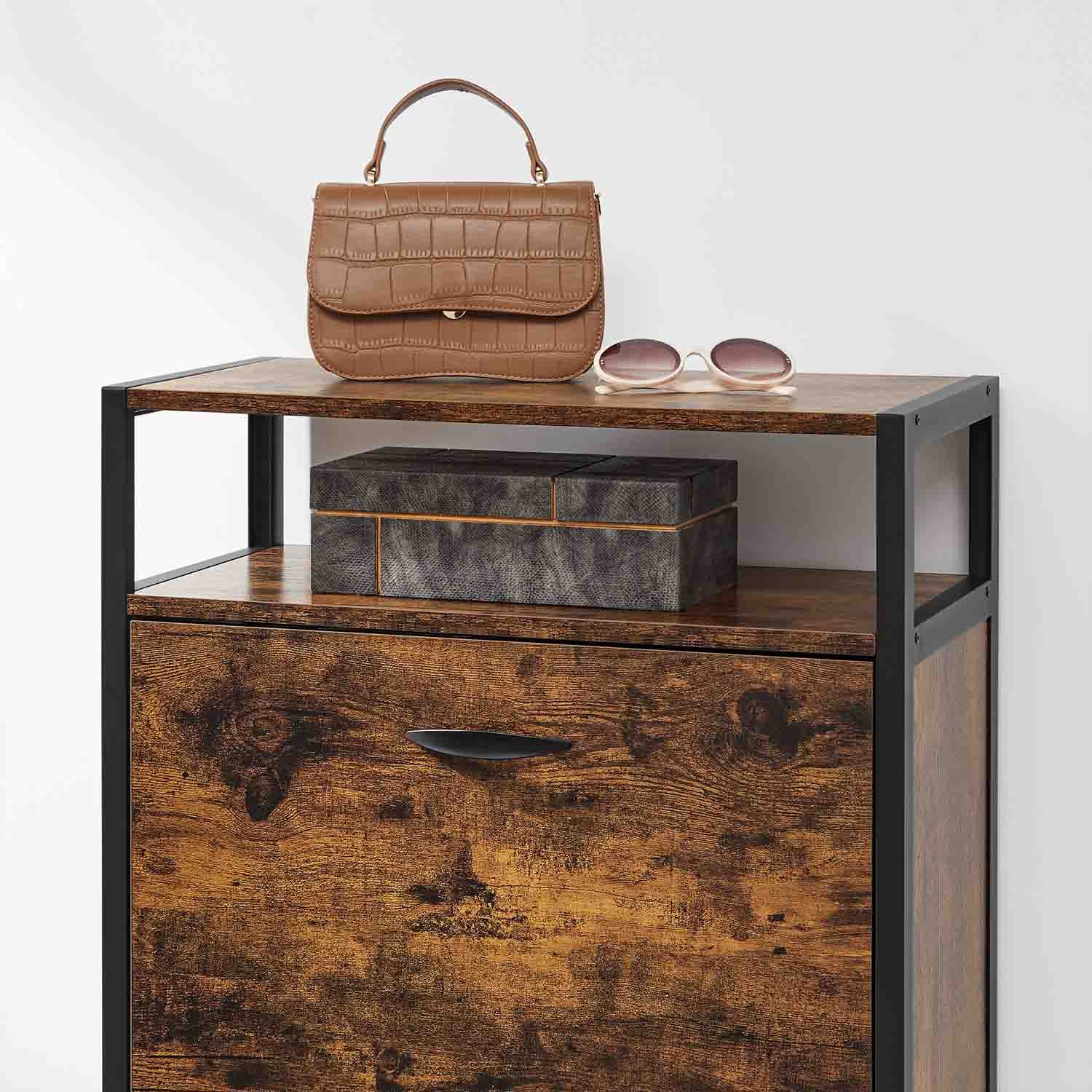 Shoe Cabinet - Engineered Wood - Rustic Brown and Black - 3 Flip Doors