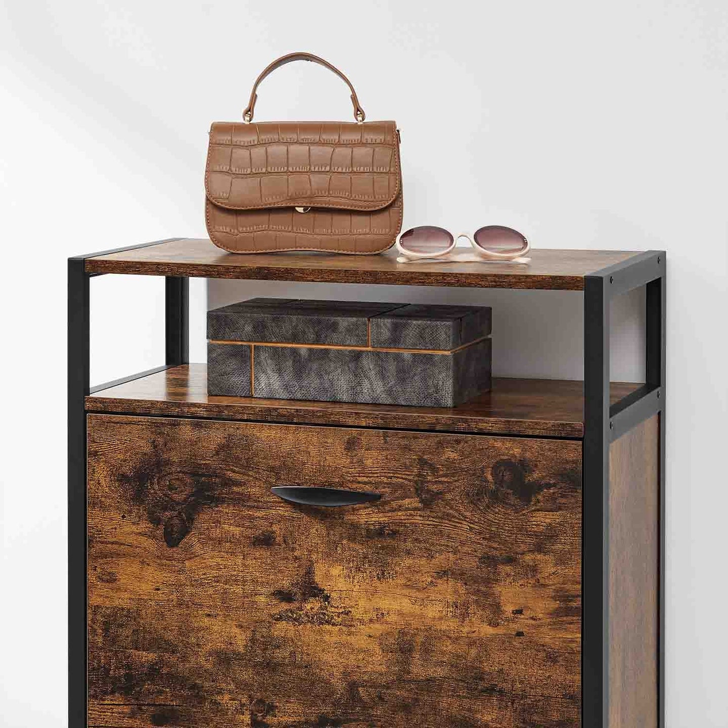 Shoe Cabinet - Engineered Wood - Rustic Brown and Black - 3 Flip Doors