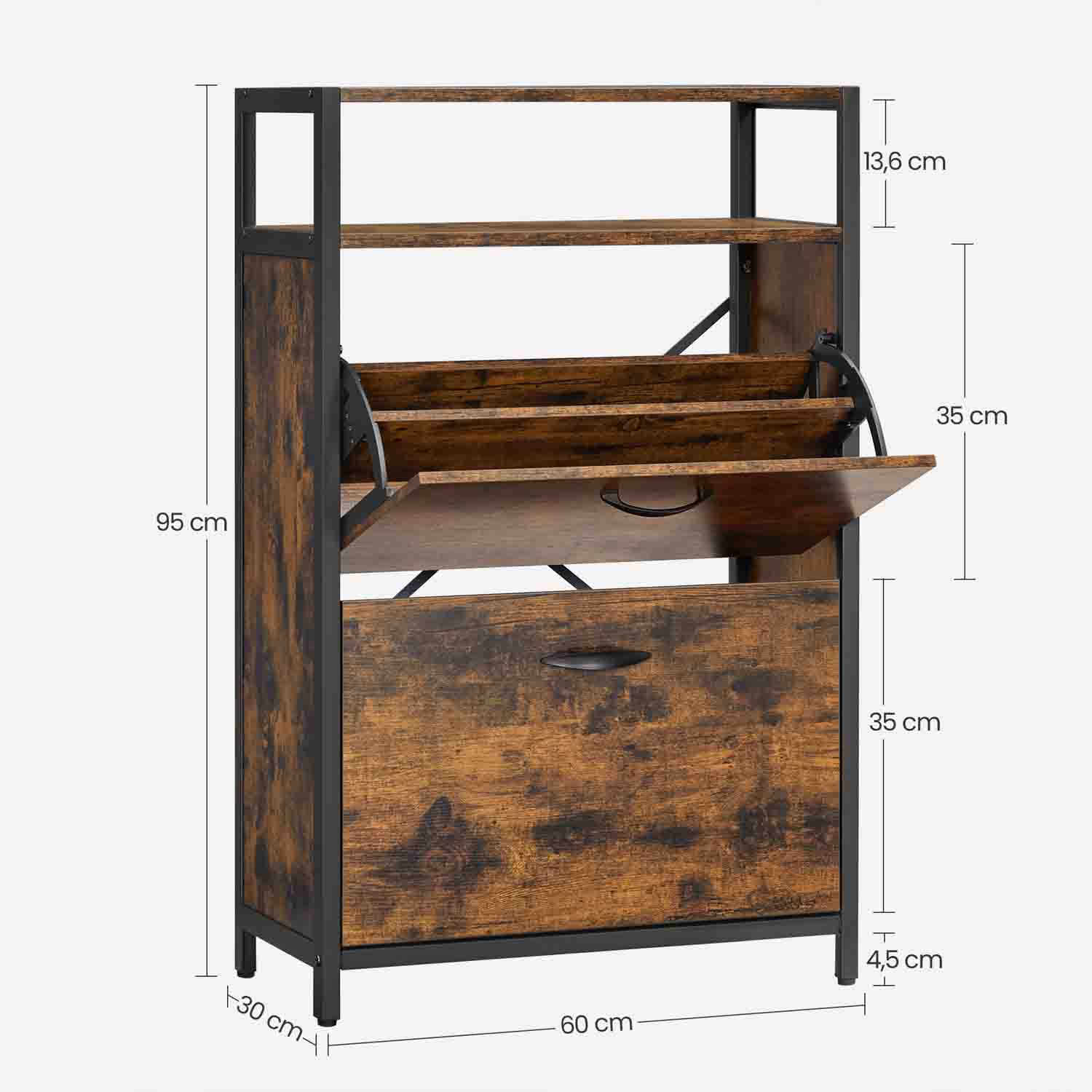 Shoe Cabinet - Engineered Wood - Rustic Brown and Black - 3 Flip Doors