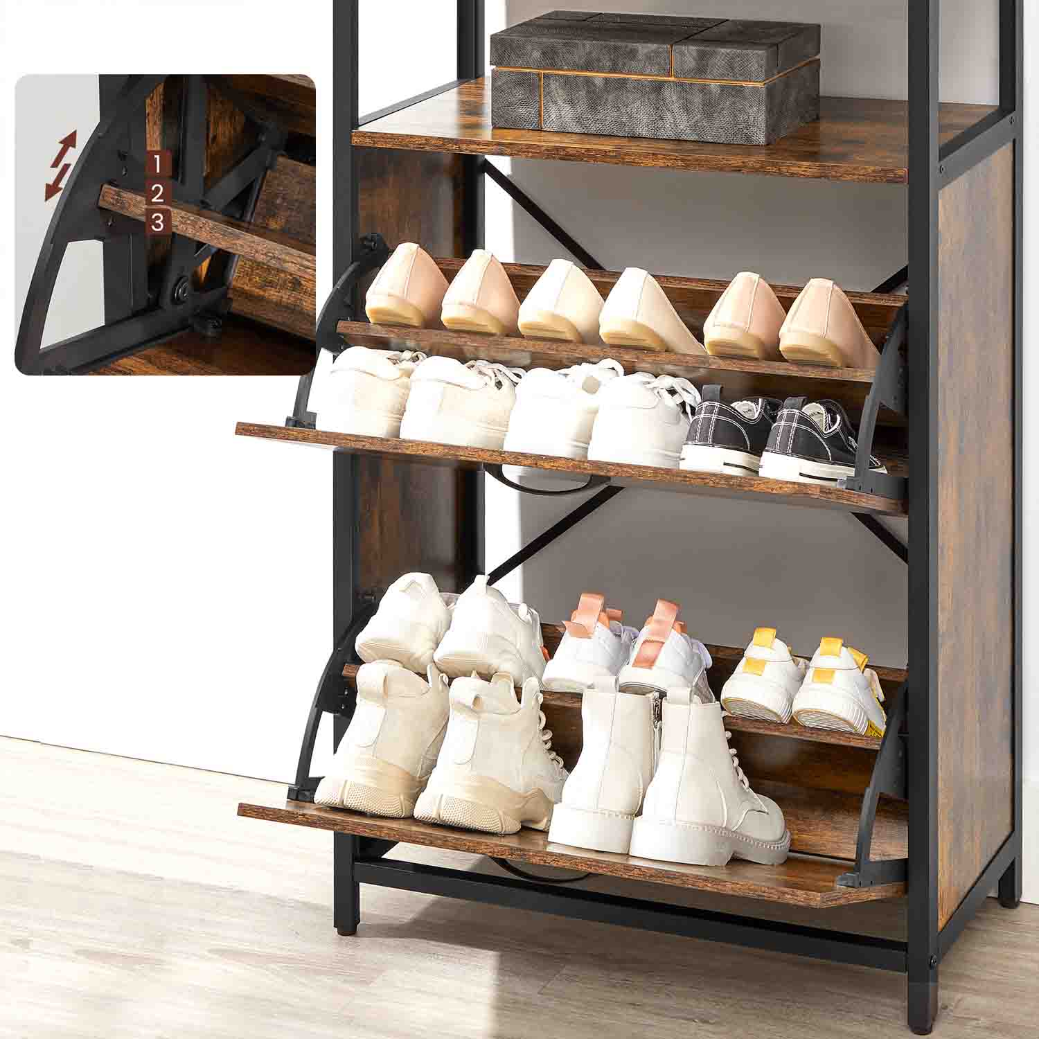 Shoe Cabinet - Engineered Wood - Rustic Brown and Black - 3 Flip Doors