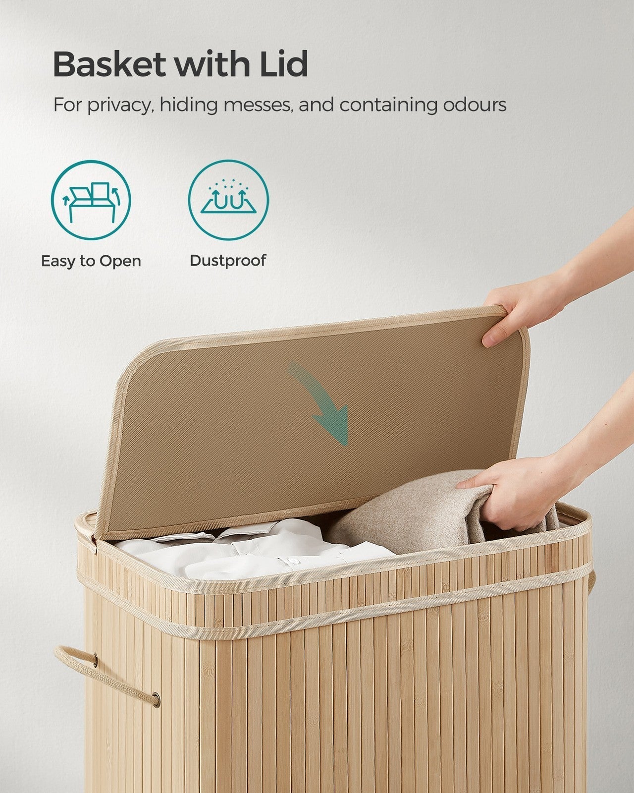 Laundry Hamper - Bamboo - Natural Grey - 100L with Lid and Handles