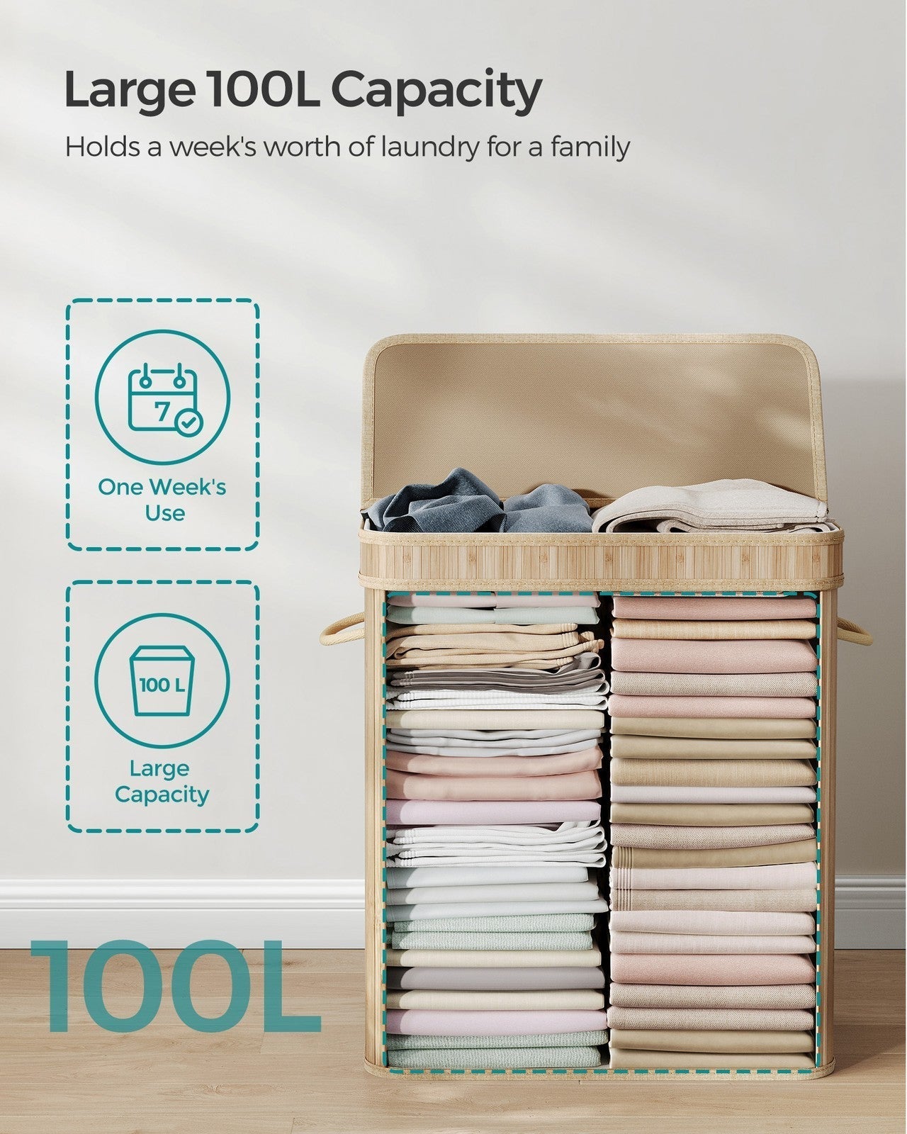 Laundry Hamper - Bamboo - Natural Grey - 100L with Lid and Handles