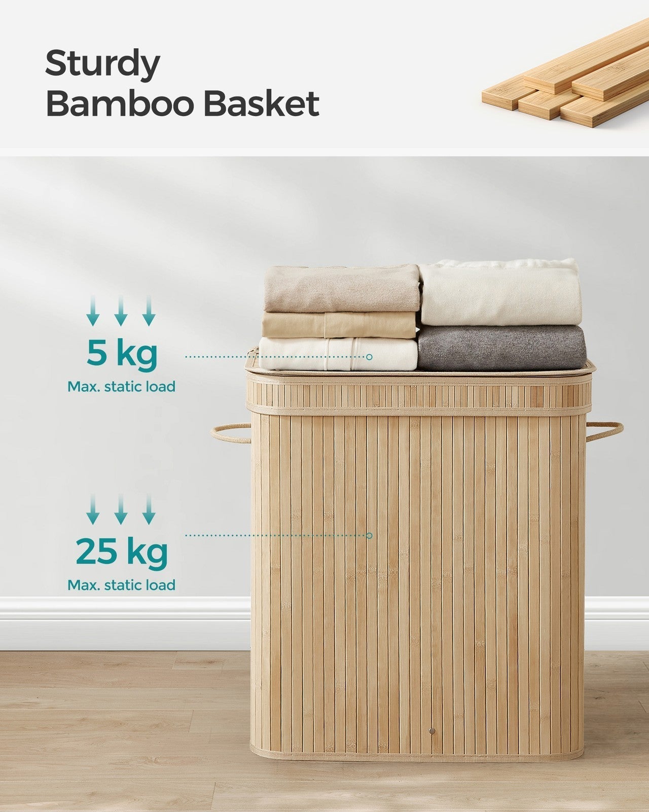Laundry Hamper - Bamboo - Natural Grey - 100L with Lid and Handles