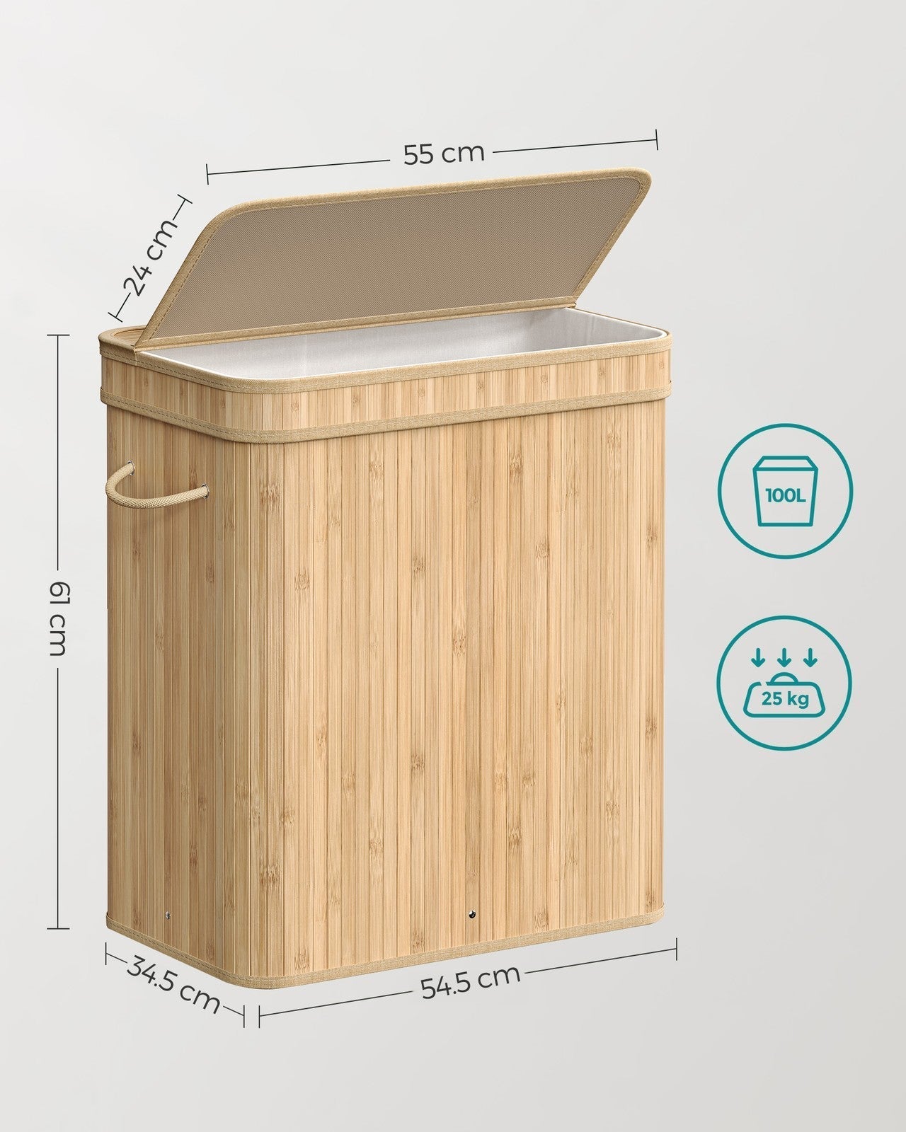 Laundry Hamper - Bamboo - Natural Grey - 100L with Lid and Handles