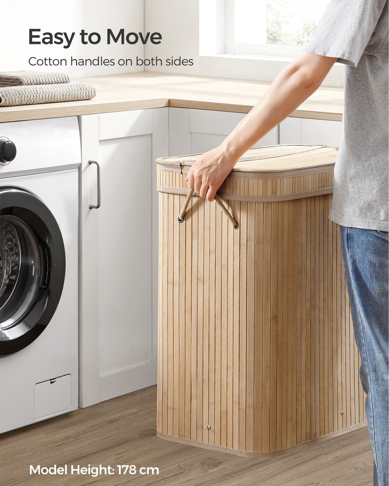 Laundry Hamper - Bamboo - Natural Grey - 100L with Lid and Handles